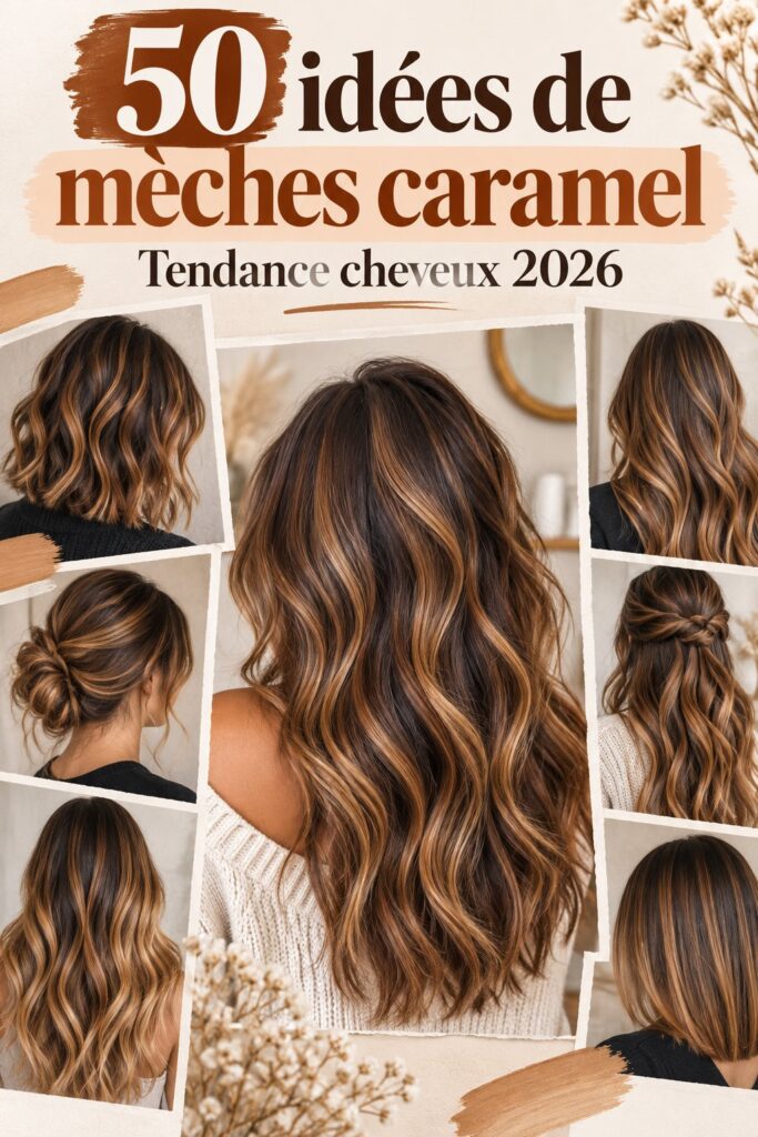Mèches caramel élégantes sur des cheveux longs et ondulés