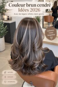 Femme avec une belle coiffure châtain cendré lumineux.