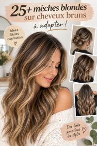 Femme avec des mèches blondes sur ses cheveux bruns, mettant en valeur une belle coiffure.