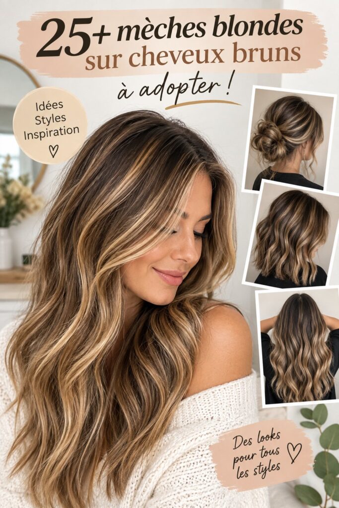 Femme avec des mèches blondes sur ses cheveux bruns, mettant en valeur une belle coiffure.