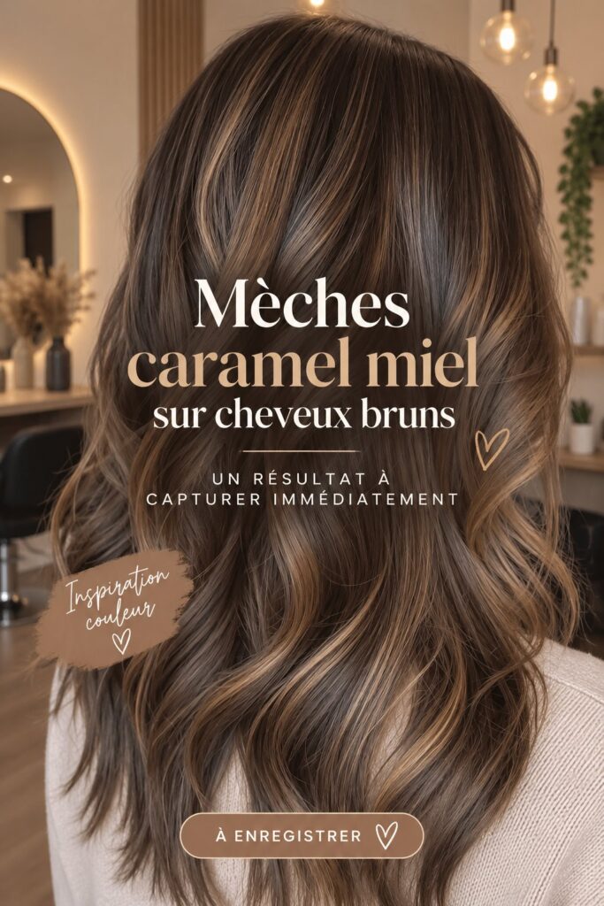 Mèches caramel doré ajoutées à des cheveux bruns, créant un look lumineux et chaleureux.