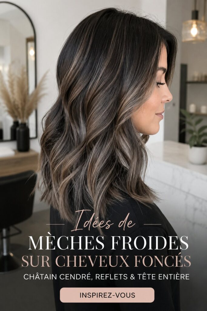 Idées de mèches froides sur cheveux foncés avec bruns cendrés