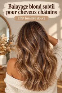 Une femme avec un melt brun crémeux aux reflets blonds.