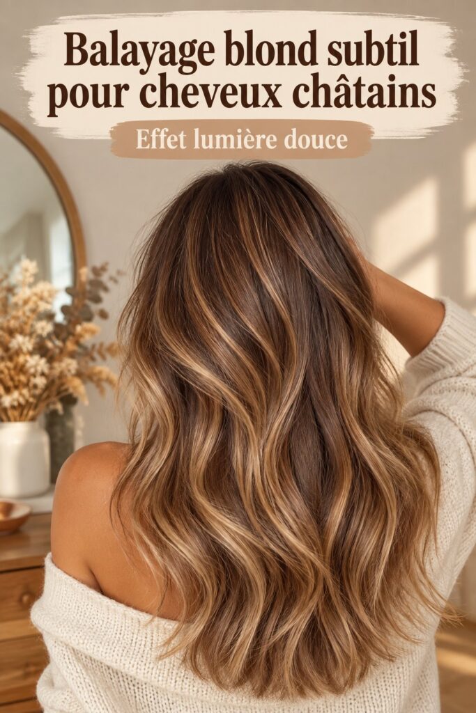 Une femme avec un melt brun crémeux aux reflets blonds.