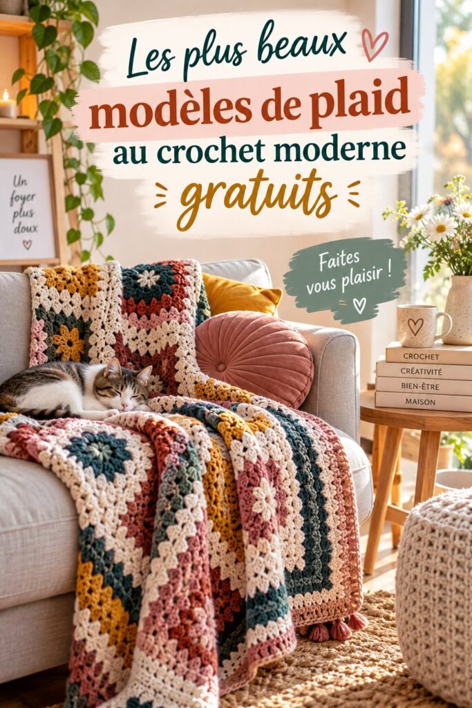 Un plaid au crochet moderne coloré drapé sur un canapé.
