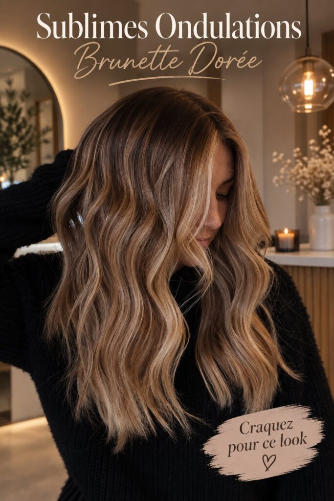 Femme avec de magnifiques ondulations brunes dorées, coiffure tendance.