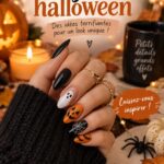 Des ongles décorés avec des motifs d'Halloween colorés et créatifs.