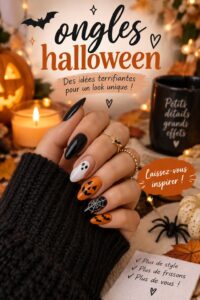 Des ongles décorés avec des motifs d'Halloween colorés et créatifs.