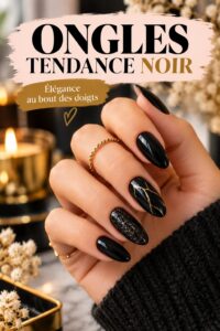 Des ongles noirs brillants avec un design innovant, parfaits pour une manucure élégante.