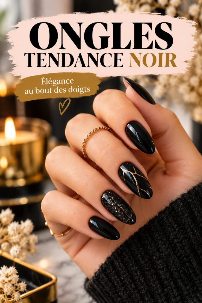 Des ongles noirs brillants avec un design innovant, parfaits pour une manucure élégante.