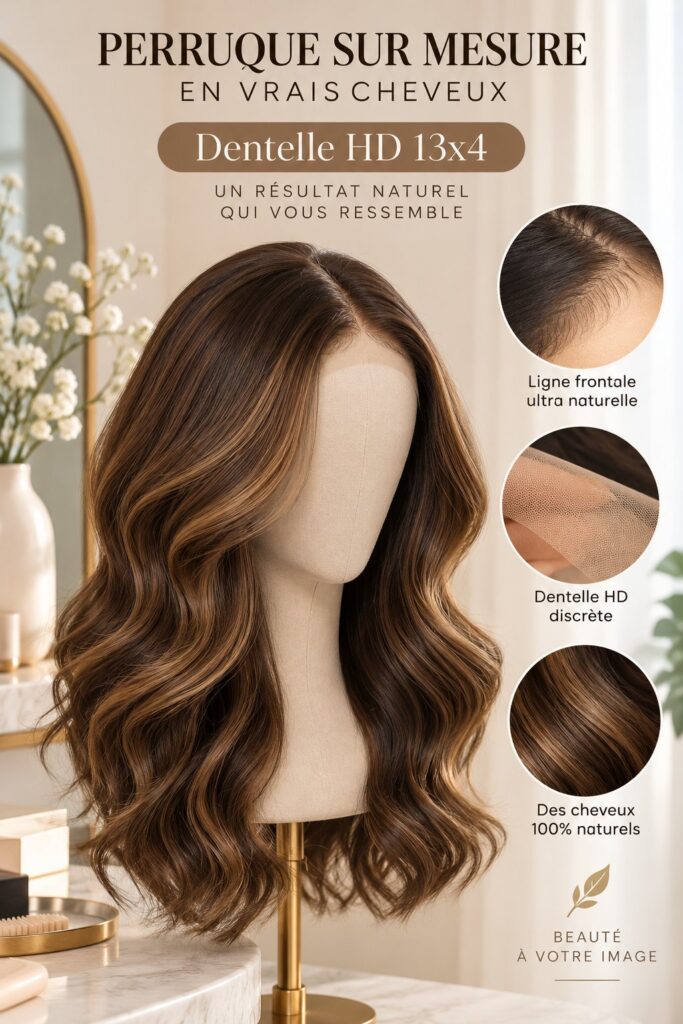 Une perruque en cheveux vierges montre son rendu naturel et réaliste.