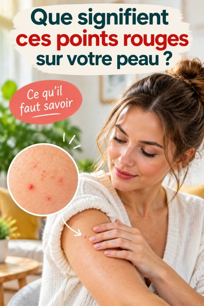 Illustration de points rouges sur la peau, symbolisant divers problèmes dermatologiques, en rapport avec la reconnaissance et le soin de la peau.
