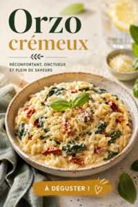 Un plat d'orzo crémeux garni d'herbes fraîches et de légumes colorés, prêt à être dégusté.