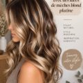 Femme avec des cheveux bruns et des reflets blonds en lumière naturelle.