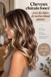 Femme avec des cheveux bruns et des reflets blonds en lumière naturelle.