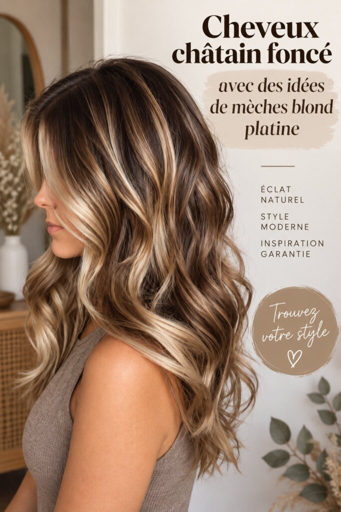 Femme avec des cheveux bruns et des reflets blonds en lumière naturelle.