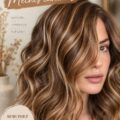 Une coiffure élégante avec des reflets caramel illuminant des cheveux longs et lisses.