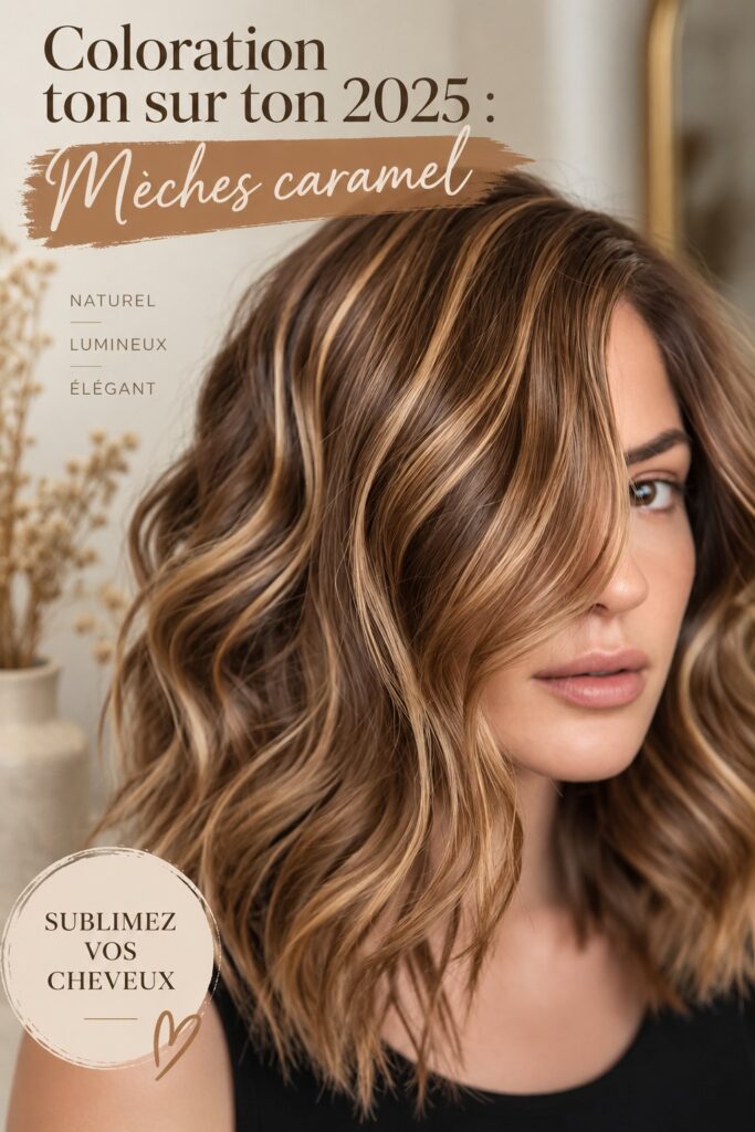 Une coiffure élégante avec des reflets caramel illuminant des cheveux longs et lisses.