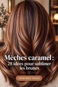 Femme avec des cheveux bruns aux reflets caramel brillants