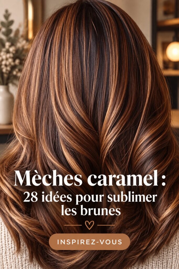 Femme avec des cheveux bruns aux reflets caramel brillants