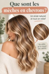 Modèle avec des reflets chêne en chevrons sur cheveux longs, montrant l'éclat et la profondeur de la couleur.