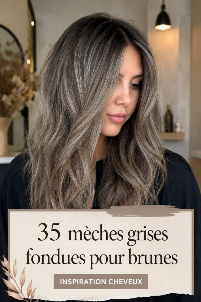 Beaucoup de nuances de gris sur cheveux bruns, mettant en valeur un look tendance.