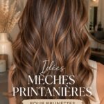 Femme avec des cheveux bruns aux reflets printaniers lumineux, mettant en avant son style