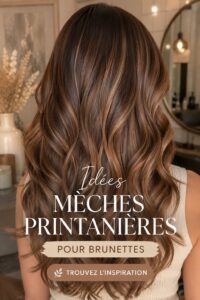 Femme avec des cheveux bruns aux reflets printaniers lumineux, mettant en avant son style