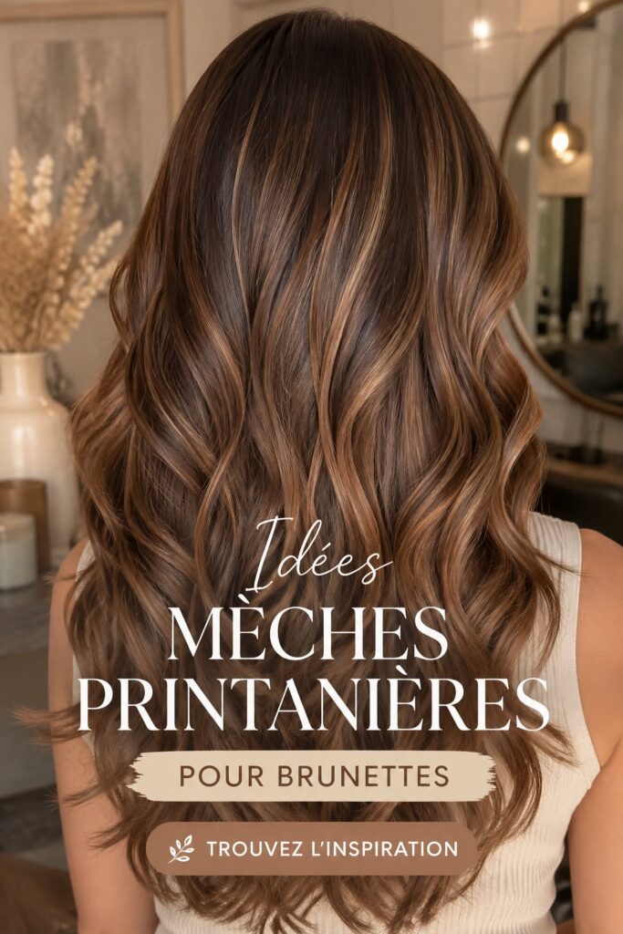 Femme avec des cheveux bruns aux reflets printaniers lumineux, mettant en avant son style