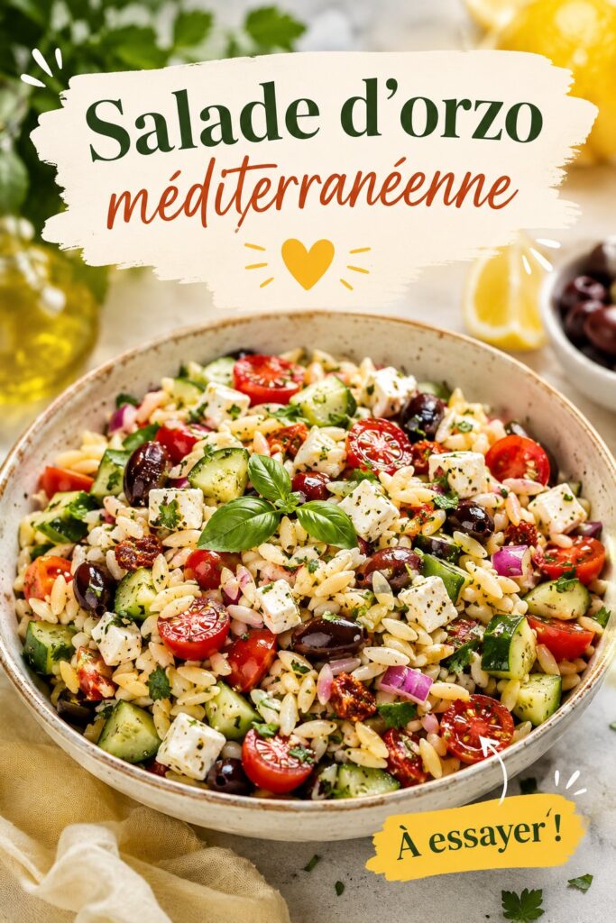 Salade d'orzo méditerranéenne dans un bol avec des légumes frais