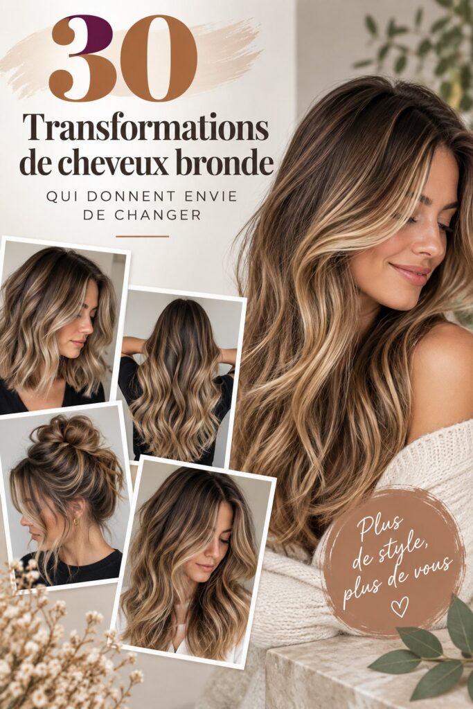 Une femme avec une coiffure bronde éblouissante et lumineuse.