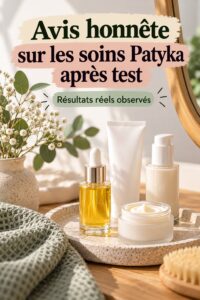 Un produit Patyka sur une tablette avec des plantes en arrière-plan, représentant la beauté naturelle