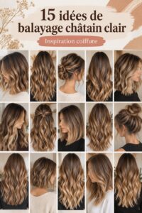 Femme avec un magnifique balayage châtain clair qui illumine son visage.