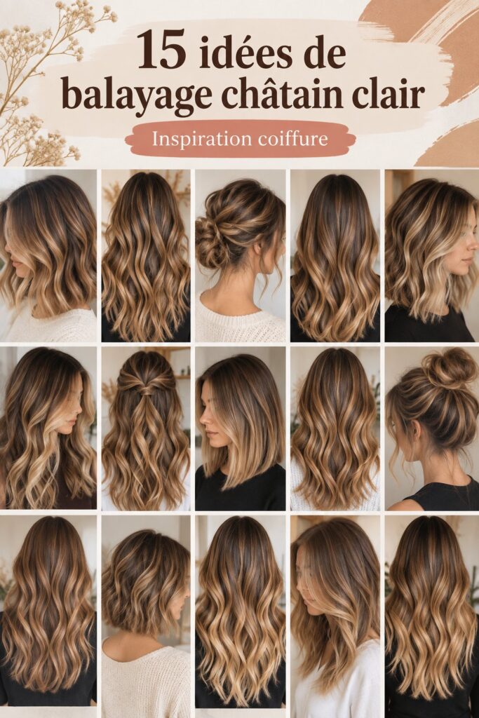 Femme avec un magnifique balayage châtain clair qui illumine son visage.