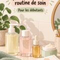 Illustration d'une routine de soin avec des produits essentiels pour la peau.