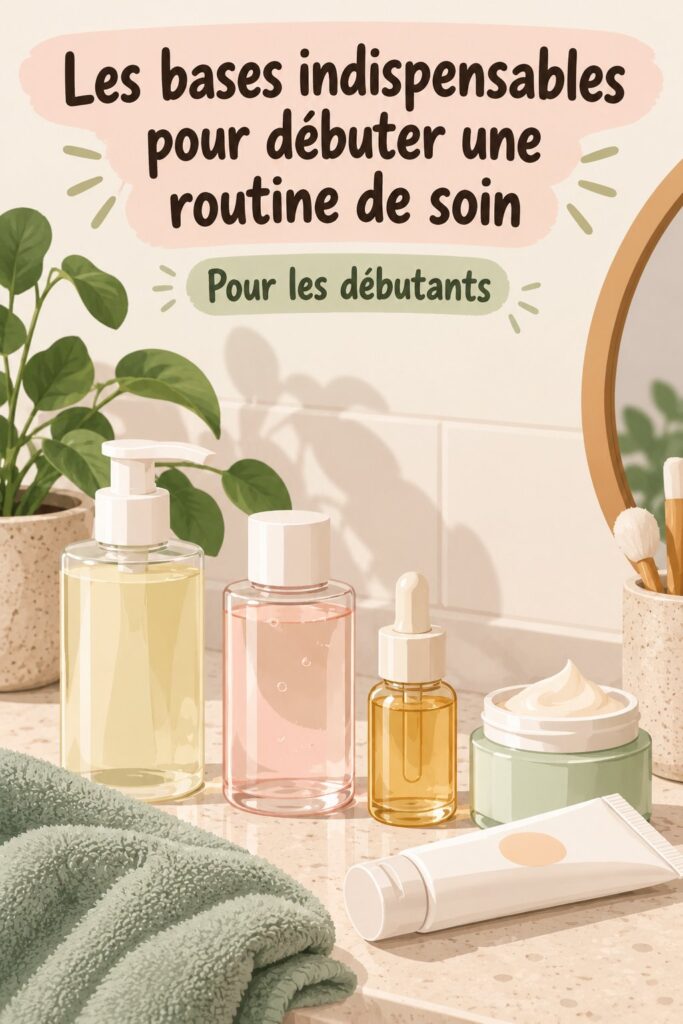 Illustration d'une routine de soin avec des produits essentiels pour la peau.