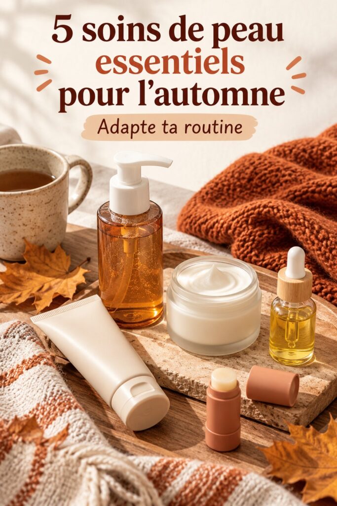Routine de soin beauté avec des produits pour l'automne tels que crèmes et sérums.