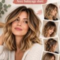 Modèle avec une coupe bob mi-longue et balayage doré, soulignant des ondulations élégantes