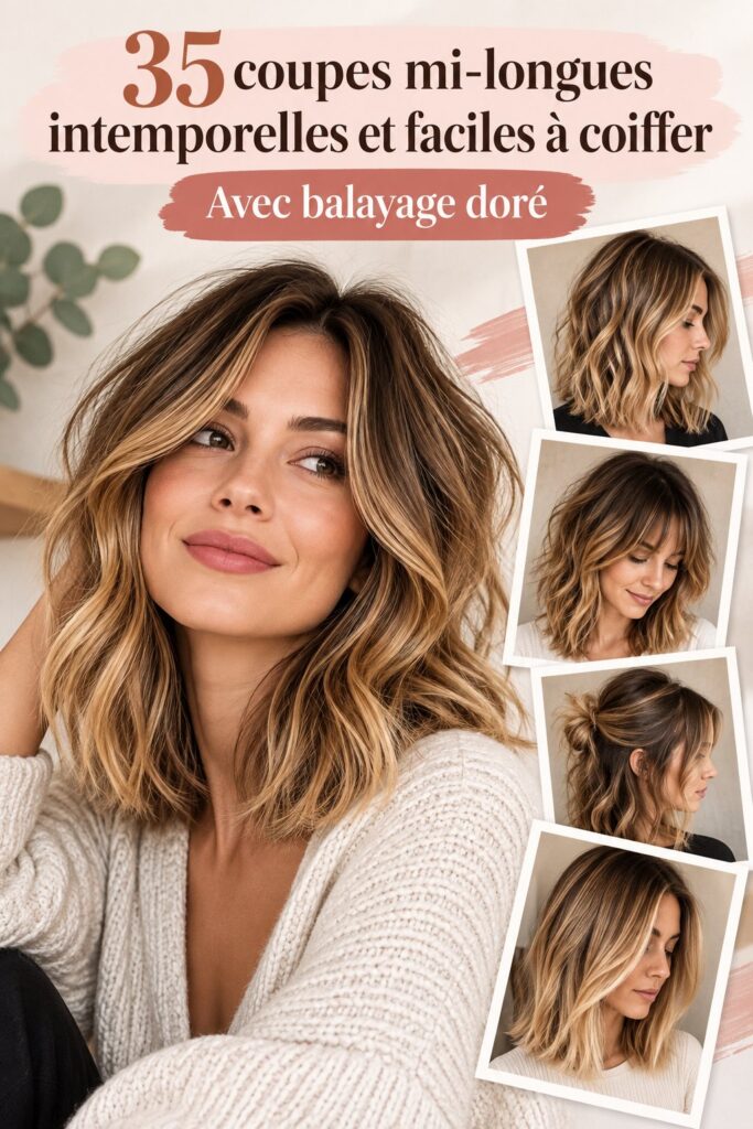 Modèle avec une coupe bob mi-longue et balayage doré, soulignant des ondulations élégantes