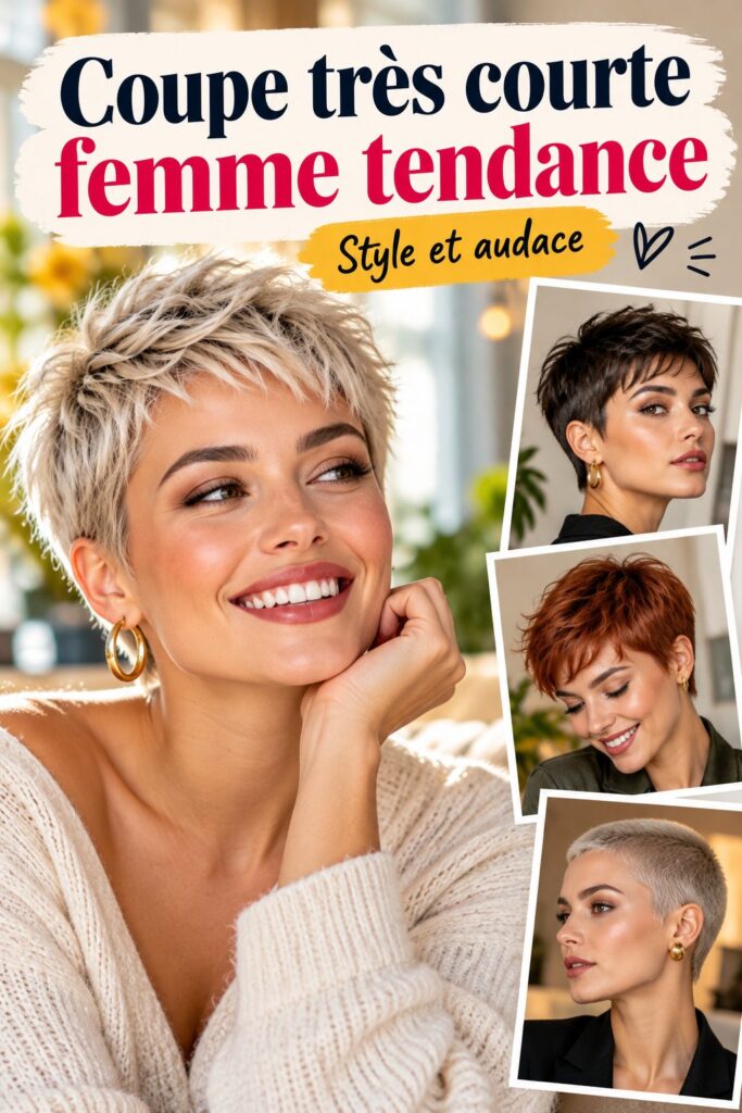 Femme affichant une coupe très courte moderne et tendance pour 2026.