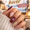 Manucure hivernale élégante avec motifs de flocons de neige.