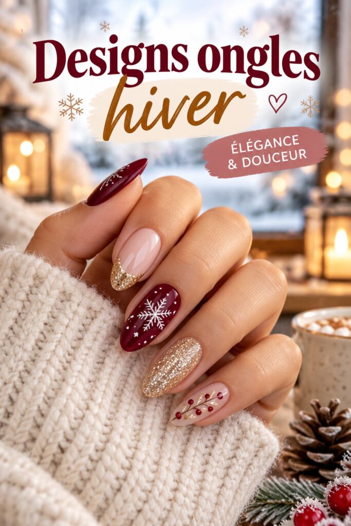 Manucure hivernale élégante avec motifs de flocons de neige.