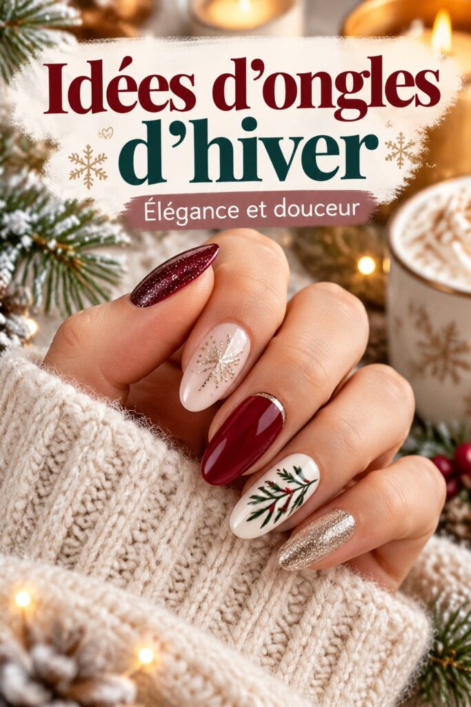 Des ongles d'hiver bleu avec motifs scintillants, parfaits pour la saison froide.