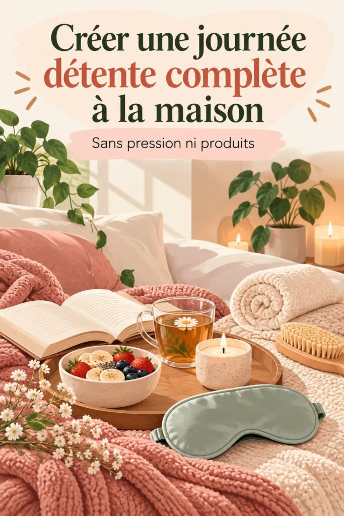 Femme se relaxant à la maison avec une ambiance spa, représentant une journée de détente complète.