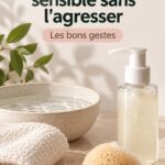 Femme appliquant un nettoyant doux sur son visage sensible