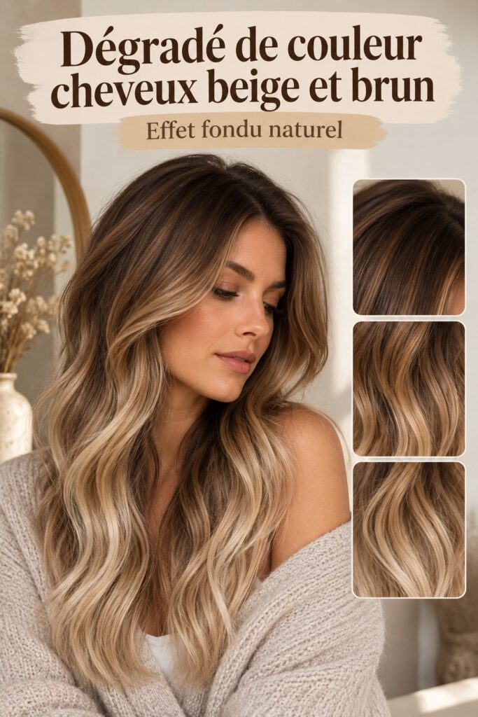 Photo de coiffure montrant un ombré latte glacé avec des tons beiges et bruns.