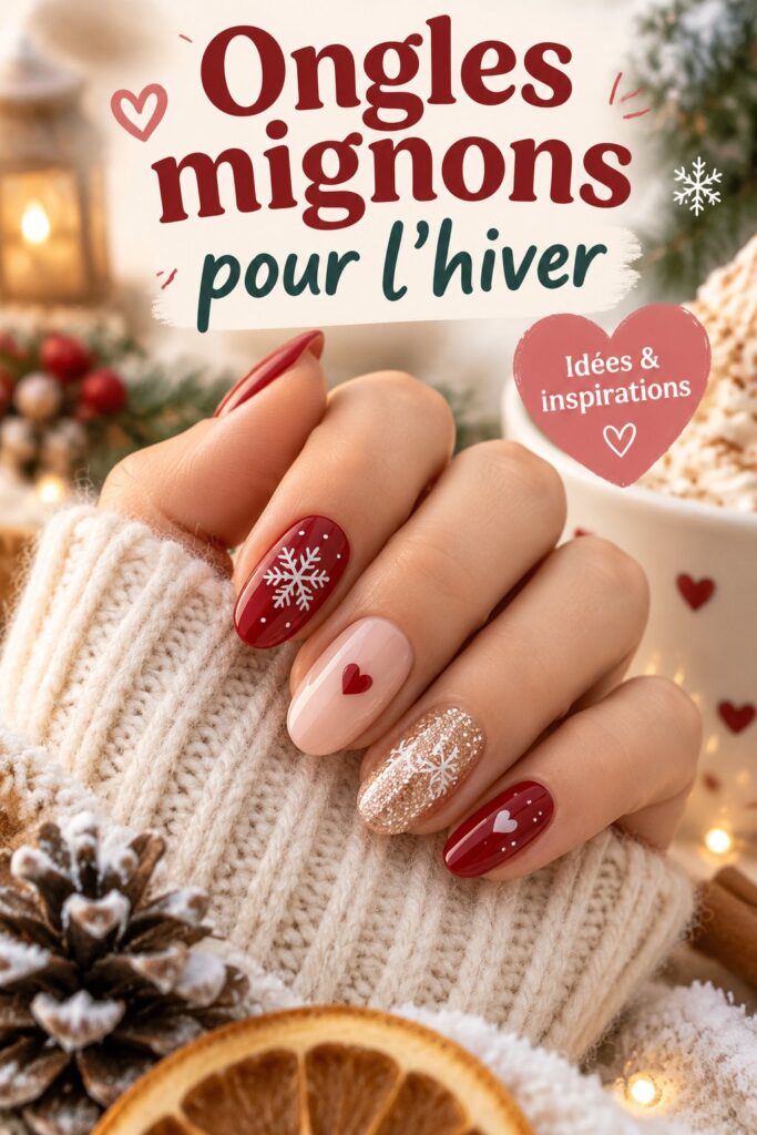 Des ongles peints avec des motifs hivernaux mignons et colorés, parfaits pour la saison.