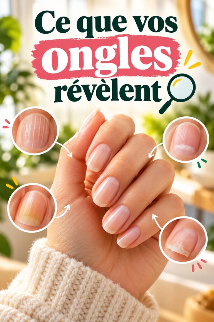 Gros plan sur des ongles de différentes couleurs et formes, illustrant leur diversité et ce qu'ils révèlent sur la santé.