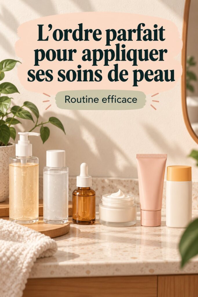 Routine de soins de la peau avec divers produits sur une table.