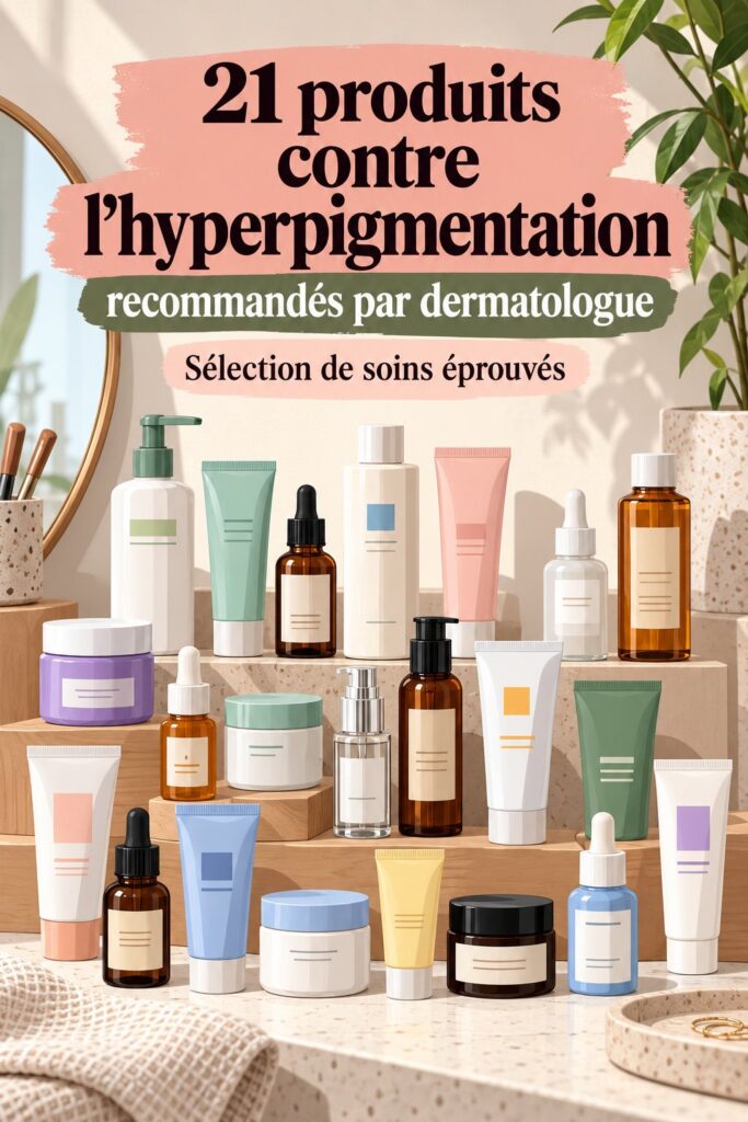 Une sélection de 21 produits contre l'hyperpigmentation sur une table